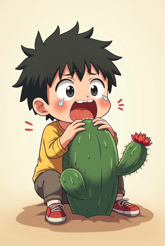 ((best quality, anime, funny) distressed boy sitting on the cactus, cactus on the rear, she holds her own rear in pain with her hands, ass exposed, crying blushing face)