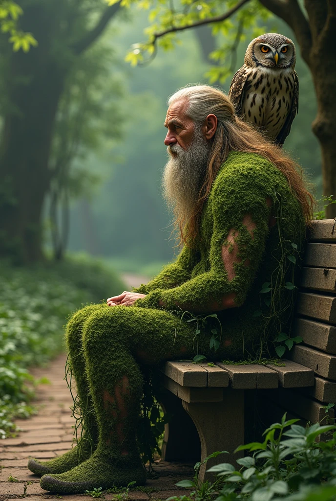 Une homme attends sur un banc qui est sur un sentier, the man is covered in green moss and ivy. Son visage est abîmé avec le temps et il regarde le sol, he looks like he's been waiting for a very long time and an owl is standing on his shoulder the man has long, dirty blond hair