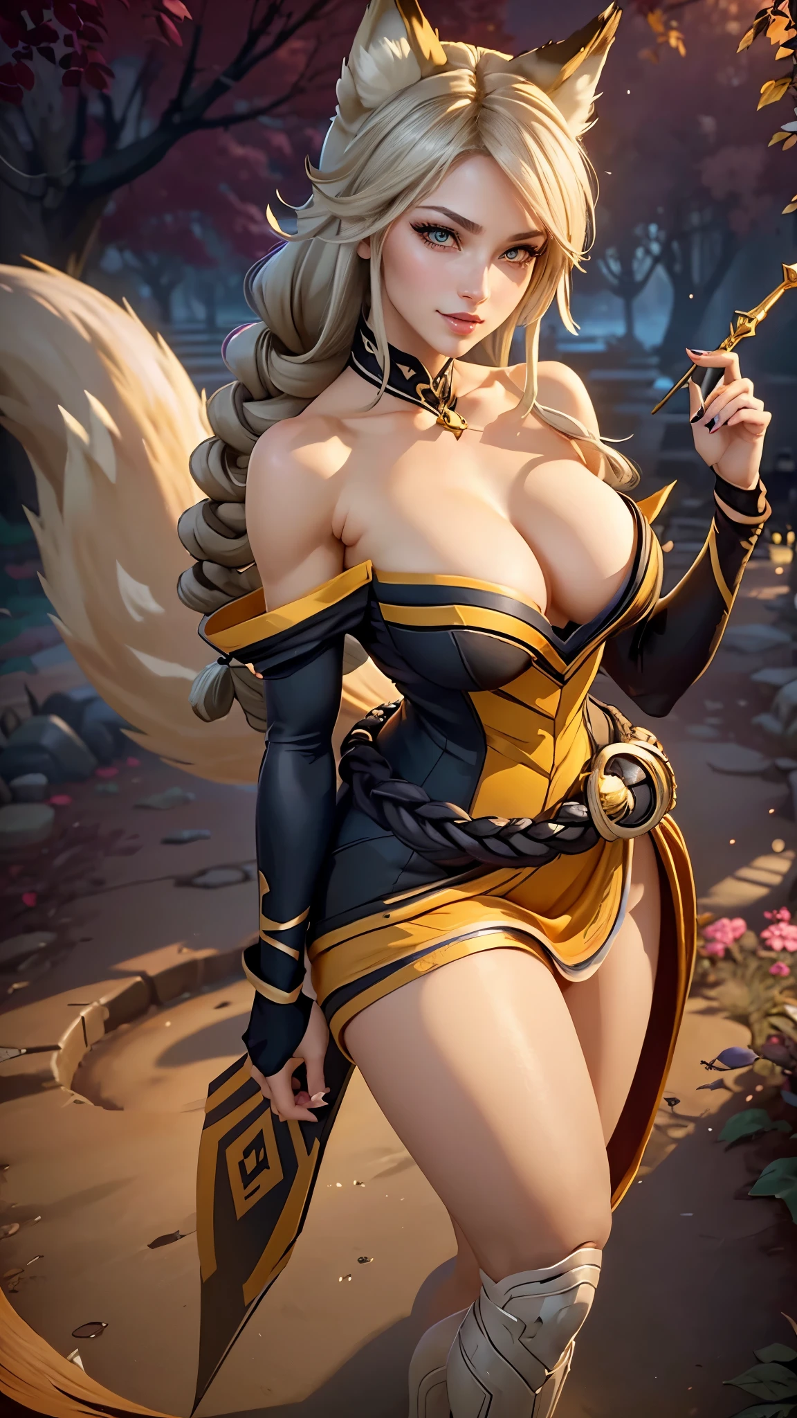 Ahri da league of legends,(best qualityer,4K,8k,high resolution, work of art:1.2)(weather: moonlight), Japanese female, spirit forest pond background, black and gold korean kimono dress, cleavage, scepter, cute makeup, thigh high socks, high heels, belt, long silver hair, braided hair, fox ears, multiple fox tails, freckles, ultra detailed, realistic, portrait, beautiful detailed yellow eyes, beautiful detailed lips, extremely detailed eye and face, beautiful girl, long eyelashes, sexly, average, large breasts, beaming smile, sexy pose, thick thighs, wide hips, bright coloured, dramatic lighting,