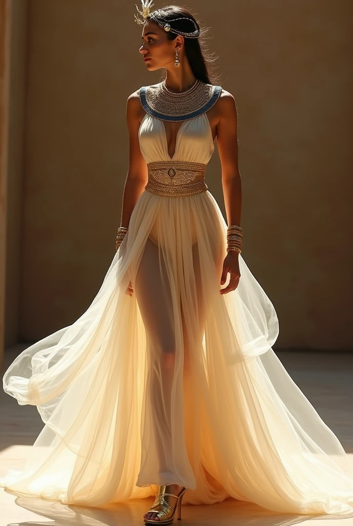 A long, flowing dress that evokes the glamour of ancient Egypt with an ethereal touch, almost dreamlike. I would use soft fabrics like silk and organza in gold and pearl tones., but with translucent details to give it an ethereal feel, almost floating,orte and silhouette: The top of the dress would be tight, with a halter neckline in the shape of a collar "usekh" (traditional egyptian wide necklace), but with delicate embroidery of crystals and sequins that sparkle subtly. The skirt would be wide and loose., with layers of tulle that move gently, giving the impression of a "wake up" dreamlike.
Egyptian elements delicately incorporated:
The embroidery on the dress would include symbols such as the ankh. (symbol of life) or the beetle, but discreetly integrated into the fabric or gold details.
Instead of a massive necklace, I would opt for a thin gold belt around your waist, decorated with small details in lapis lazuli, that evoke pharaonic elegance, but maintaining the delicacy of the subject.
bangles: On both arms, delicate gold bracelets, finely detailed, that complement the look without dominating it.ocated or light corona: In order not to lose the essence of the subject "Sleeping Beauties", I would design a light headdress, almost like a floating crown of intertwined gold threads, with small feathers or scattered jewels, Remembering the feathers of the goddess Maat, but without overloading it. This would add a dreamy and majestic touch..
Modern golden sandals: Inspired by Egyptian sandals, but adapted to the modern style with thin straps and elegant details of crystals or pearls, that fit your glamorous style.