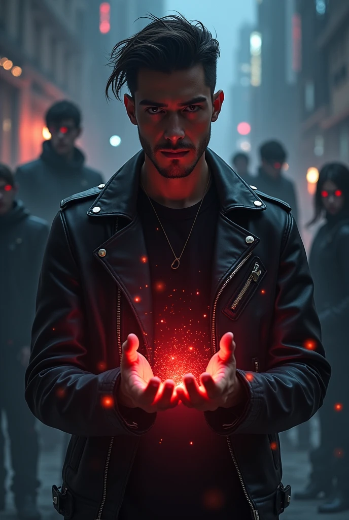 must be impactful, capturing both the emotional intensity and the elements of action and mystery present in the story. Design should evoke a balance between the supernatural and the real, reflecting the protagonist and his complex world.In the center of the cover, Rafael must be in the spotlight, wearing clothes that mix modern and gothic, maybe a black leather jacket or a t-shirt with red accents, symbolizing your inner strength and the conflicts you face. He can be portrayed with a determined and intense expression, looking directly at the reader. your hands, semi-open, can emit an aura of energy, suggesting its powers of absorption.
Around Rafael, in background whith, several shadowy, indistinct silhouettes of villains and allies may appear, symbolizing the constant threats and complex relationships he faces. Some of these figures may be slightly faded or blurred., suggesting mystery and suspense.
Ao fundo, the silhouette of a modern city, with tall buildings and lights shining in the night, can be seen, creating a contrast between the urban environment and the supernatural elements of the plot. Lights may have a slightly blue tint, reflecting the dark and tense atmosphere of the story.
**Predominant Colors:**
- **black and gray: As background colors, These hues reflect the dark tone and elements of mystery and danger in the narrative.. Shadows should be deep and well defined., with shades of gray to give dimension and depth.
rot:Small details in red, like Raphael's eyes, The title of the book, or elements in your clothing, symbolize passion, poder e perigo. The red must be intense, but used subtly so as not to dominate the composition.
dark blue:The night sky can be tinted a dark blue, almost black, representing the heavy atmosphere and emotional stakes of the story.
Rafael's expression, along with the threatening shadows and fog around, must convey a feeling of