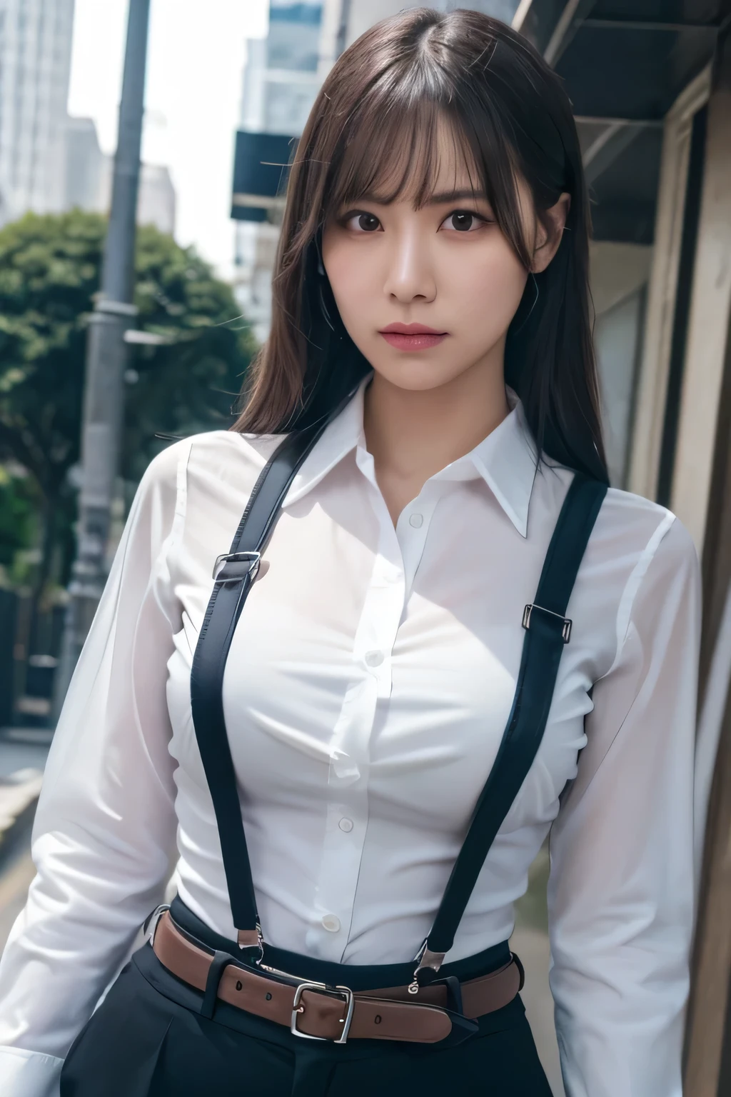 a woman in a suit, belt, hands behind back, sweating, suspenders, black pants, sexly, large breasts, see-through clothing, rain, detective, office worker, white button-up shirt, (best quality,4K,8k,highres,masterpiece:1.2),ultra-detailed,(realistic,photorealistic,photo-realistic:1.37),hyper-detailed,highly detailed face and body, Slender　thin　suspenders　Moderate breasts　See-through shirt　Nipples　holster　chain　Pistol　Armament　criminal　Female criminal　knife