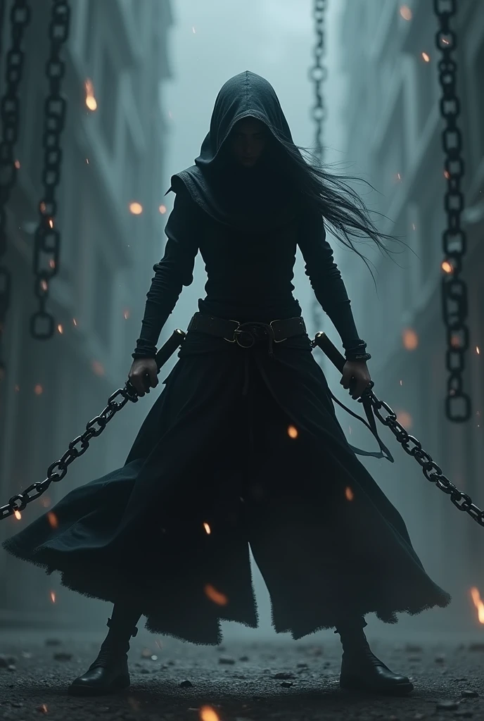 a female ninja in a dark atmosphere, chains flying out from all directions, chains as main weapon, randomized chain movements, chains flying towards the viewer, strong depth of field