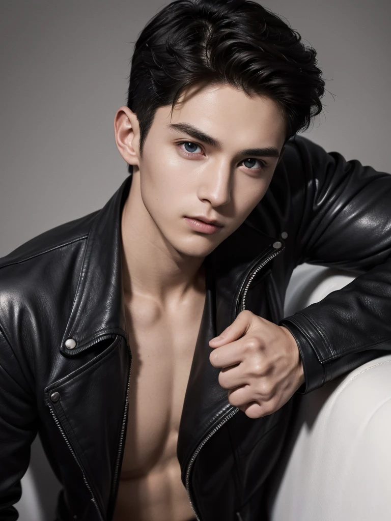 (absurdres, highres, ultra detailed), a handsome young man in his 20s, short hairstyle, detailed face, perfect facial features, smooth pale skin, shiny skin, beautiful, gorgeous, mature, perfect eyes, sexy gaze, looking at the viewers romantically, leather jacket, 