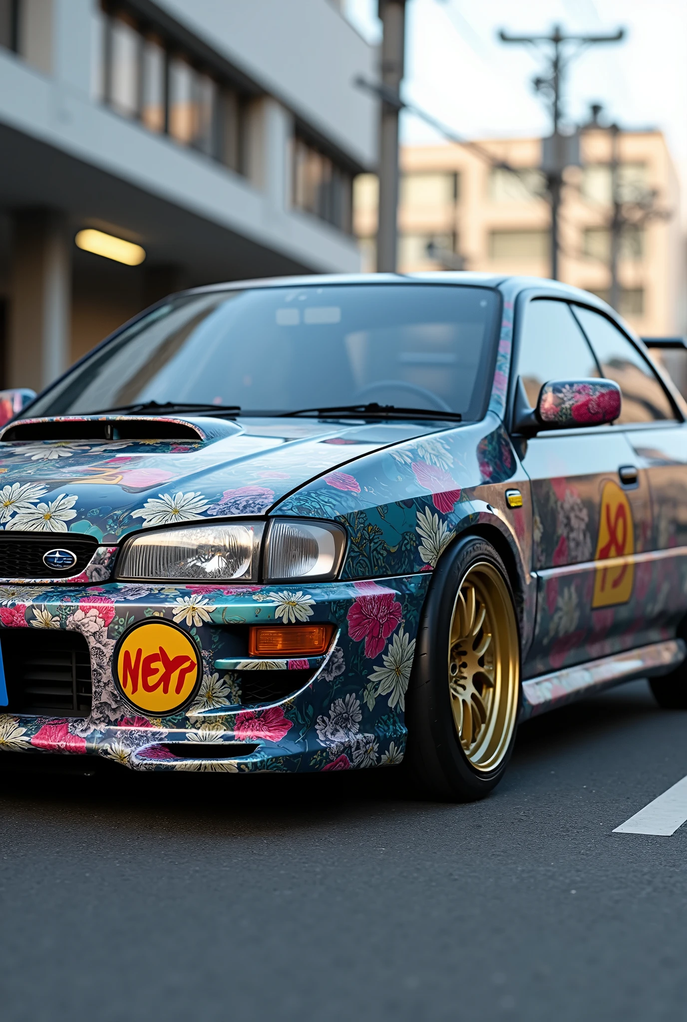 (photorealism:1.2), Subaru, impreza gc8, 1999, facelift, monsungrau, itasha, anime, sideview
