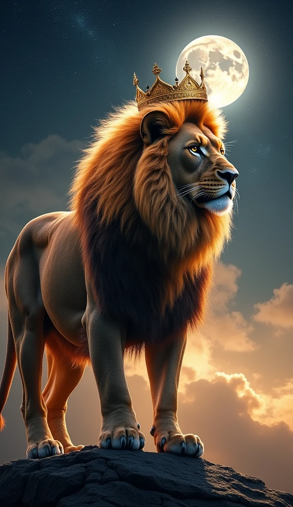 A very strong and beautiful lion with very shiny fur with an ultra realistic 8k full hd crown on a beautiful starry night with a bright moon