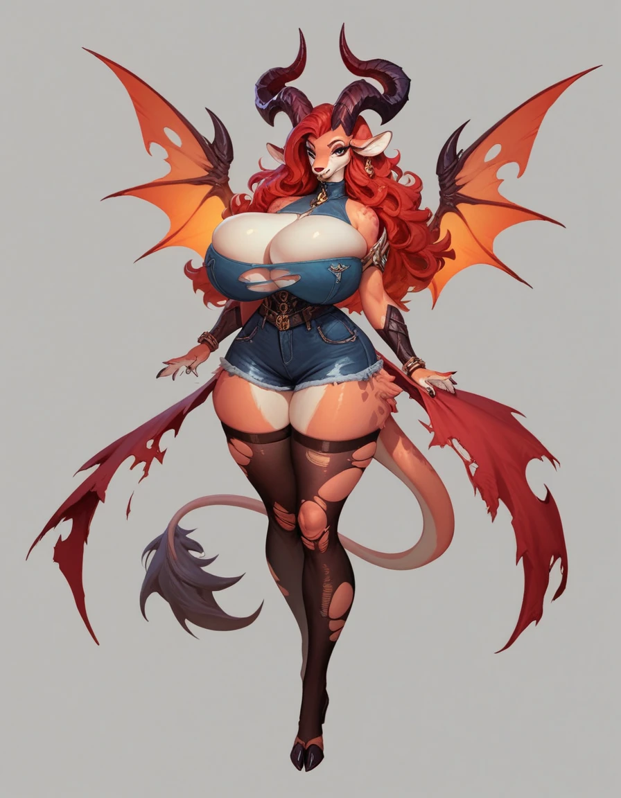 ((Concept ART )) ,2d ,anthro creature female , Huge Breasts ,Full body, wide hips ,thighhighs,horns ,Torn clothes