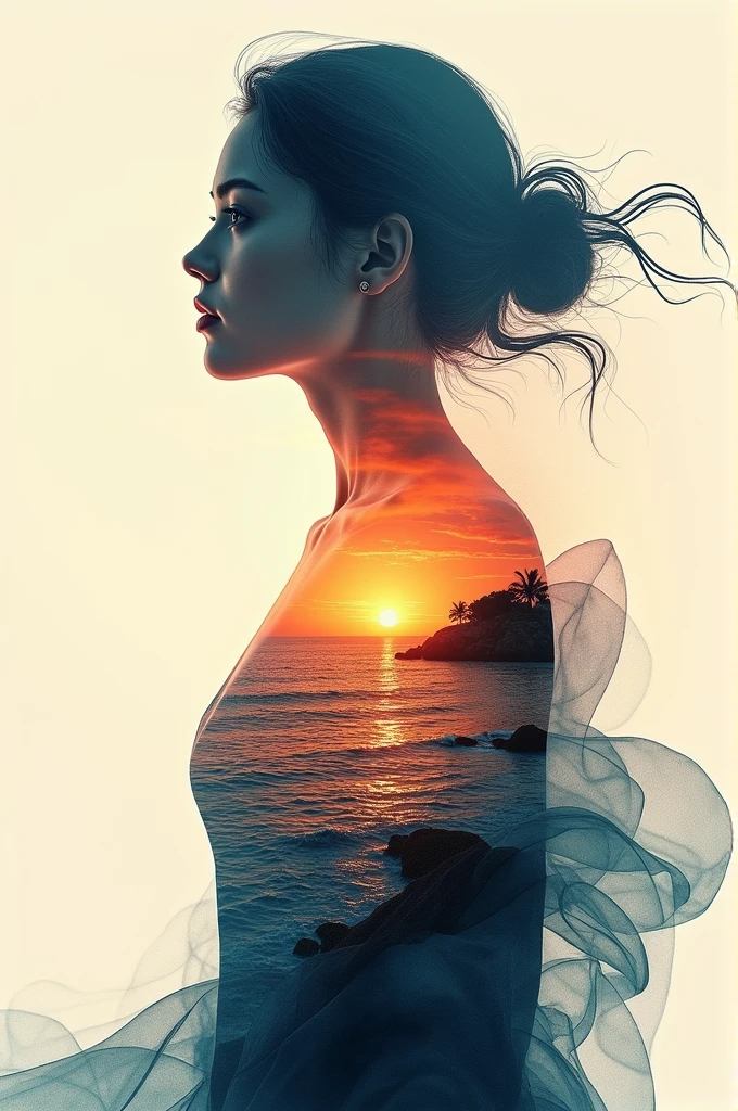 high qualiy, 8k Ultra HD, Uma linda Double exposure que combina uma silhueta de deusa com costa ao pôr do sol, the coast at sunset should serve as a backdrop, with its details incorporated into the goddess, Sharp lines, The background is monochromatic, sharp focus, Double exposure, By Yukisakura, stunning full colors.