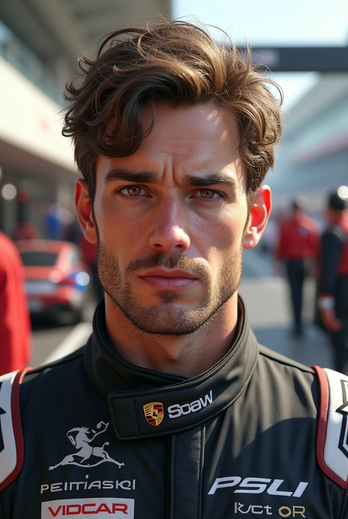 (Photorealism:1.1), Porsche Cup male driver with brown hair and eyes in front of the pitlane 8k ultra realistic  