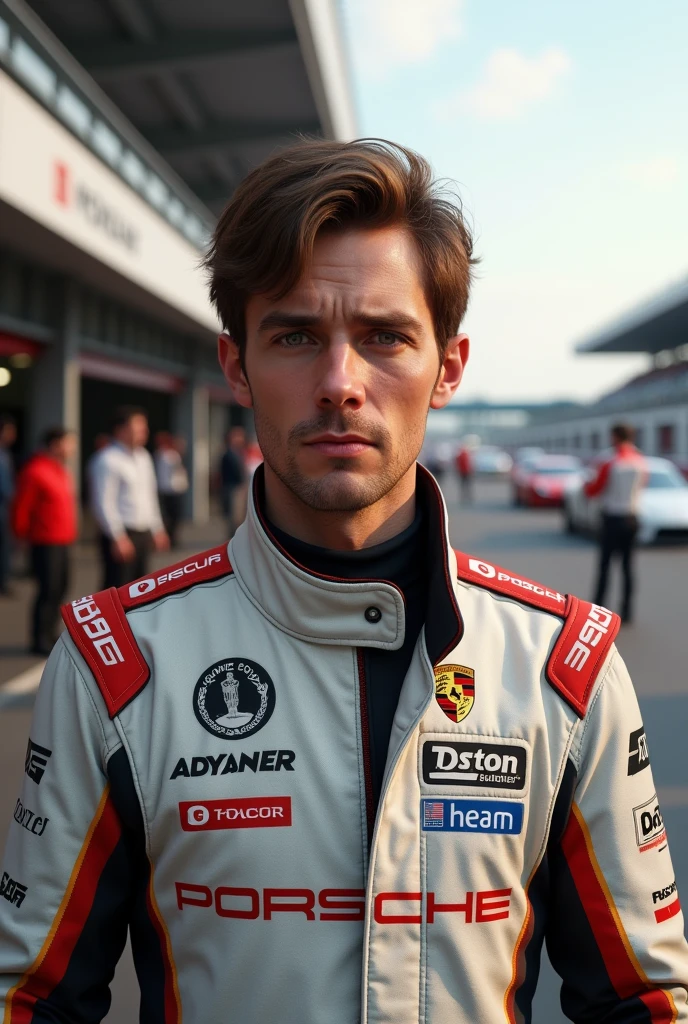 (Photorealism:1.1), Porsche Cup male driver with brown hair and eyes in front of the pitlane 8k ultra realistic