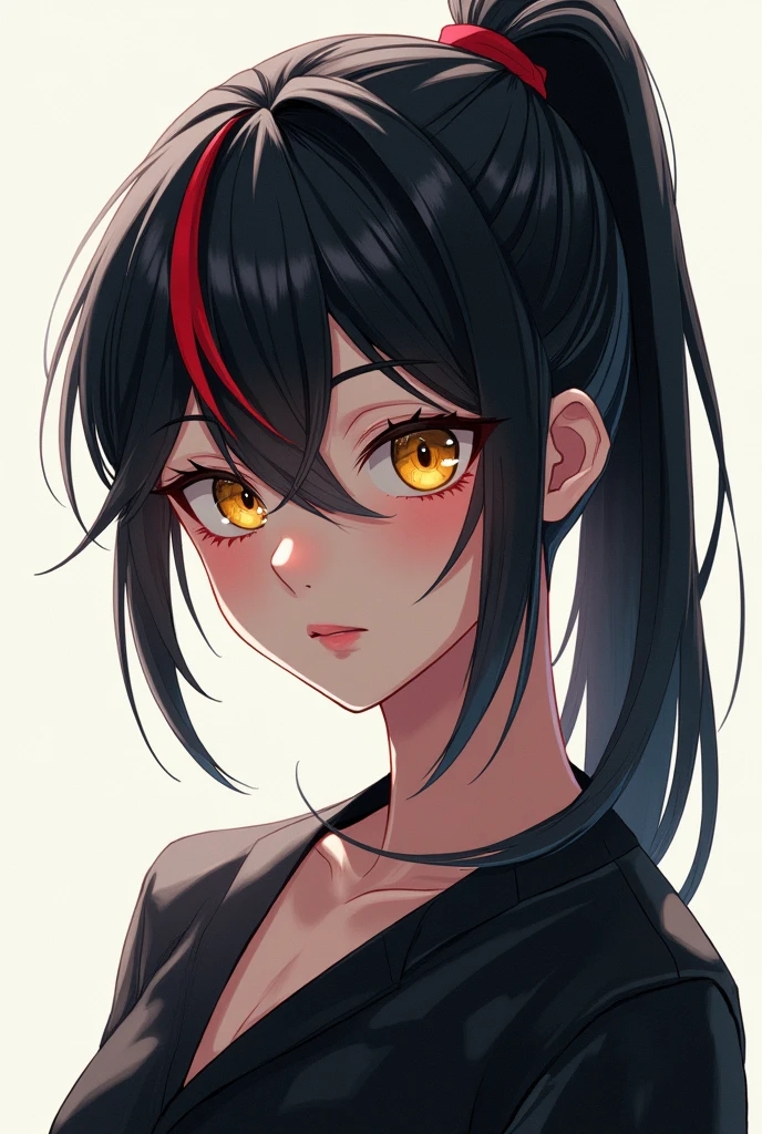 Create an anime style white boy with long black hair tied in a ponytail with a red streak and yellow eyes