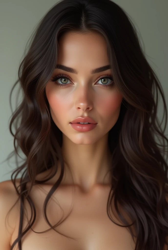 Create me an almost very real face portrait of a very bimbo brunette woman with a thin Arab head