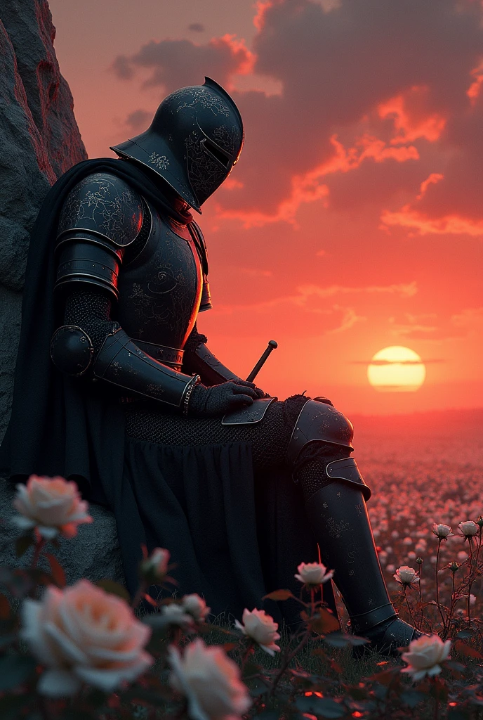  A knight in black armor, decorated with intricate white details that glow softly in the evening light. The armor, although imposing, It is broken and stained with blood. Several arrows are embedded in his chest and abdomen., with dark blood flowing through the cracks in the armor.

The knight is leaning against a large, rough rock, His strength fading as his life slowly slips away. Around it, a vast field of white roses, Its soft petals contrast with the hardness of the armor and the brutality of the scene.. The knight holds his sword firmly, which is partially nailed into the ground next to it. his eyes, although weak, are fixed on the horizon, where a red sunset floods the sky with fiery hues, symbolizing the end of his battle and his life.

The clouds in the sky seem to reflect the knight&#39;s inner storm., and the wind blows gently, moving the rose petals around her. The scene is a portrait of sacrifice, courage, and the melancholy of the inevitable end.