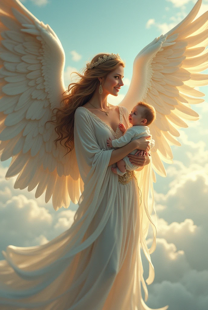 Very beautiful woman with bewitching beauty with two beautiful eagle wings. She flies. She is holding a baby in her arms. She looks at the baby smiling.