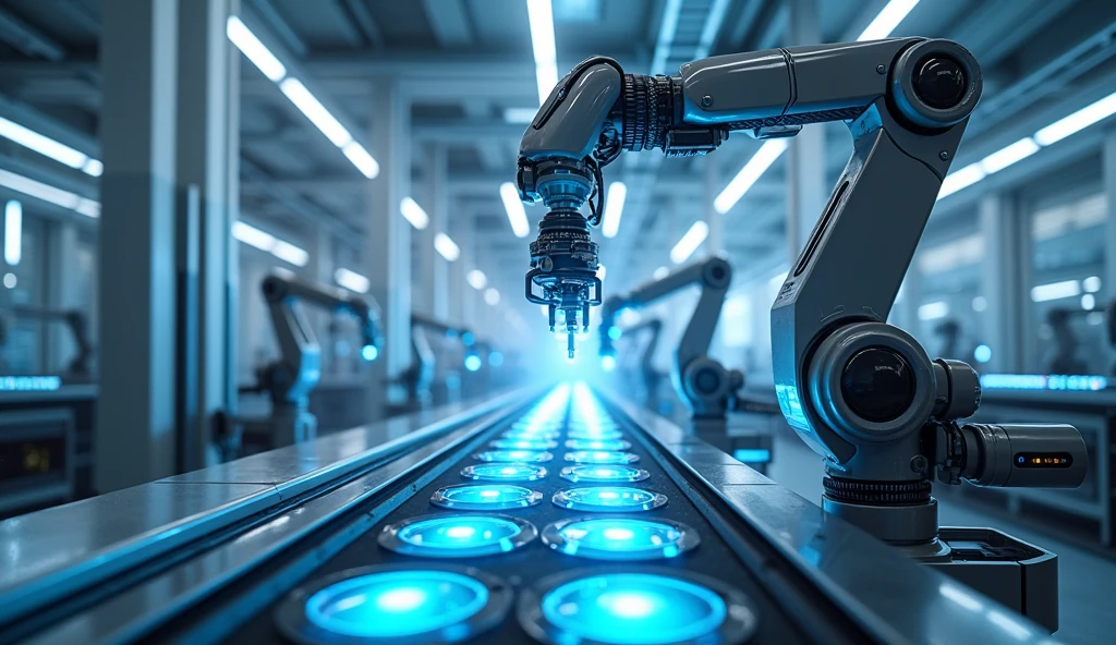 An ultramodern factory, with robots and automated machines that shine in LED lights. Machines are producing pills that appear to float in illuminated transparent tubes.