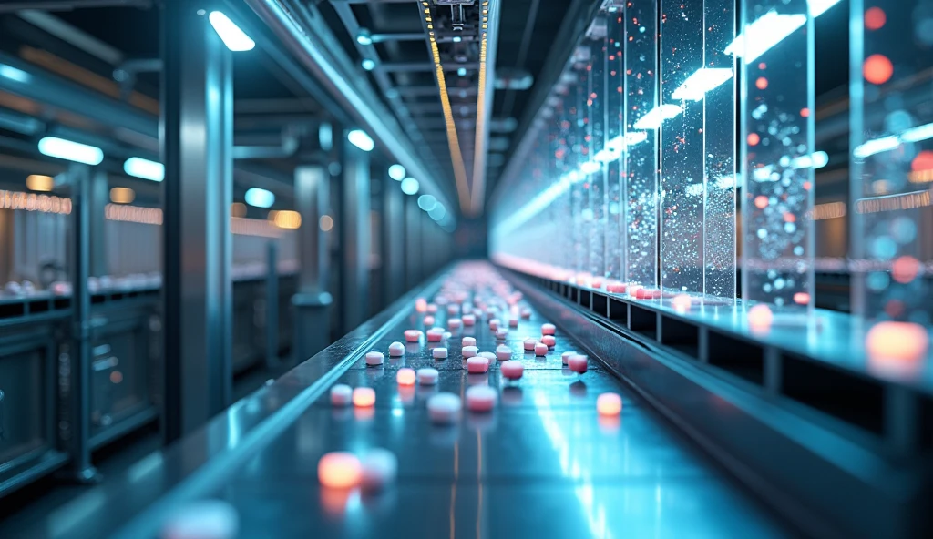 An ultramodern factory, with robots and automated machines that shine in LED lights. Machines are producing pills that appear to float in illuminated transparent tubes.