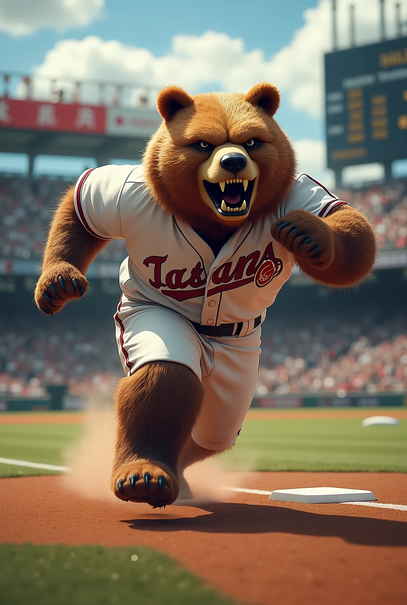 Create an image of a very aggressive and muscular Japanese bear wearing a baseball outfit in the stadium and this bear is running in the baseball stadium and will score a point.. It was full 4K image high quality photo realistic Made composition in photoshop Cinematic With 50 mm lens background blur the image has to transmit Energy creativity of dynamism