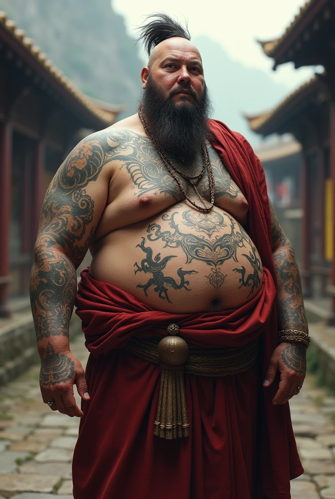 A fat monk, with thinning hair, covered in tattoos all over his body.