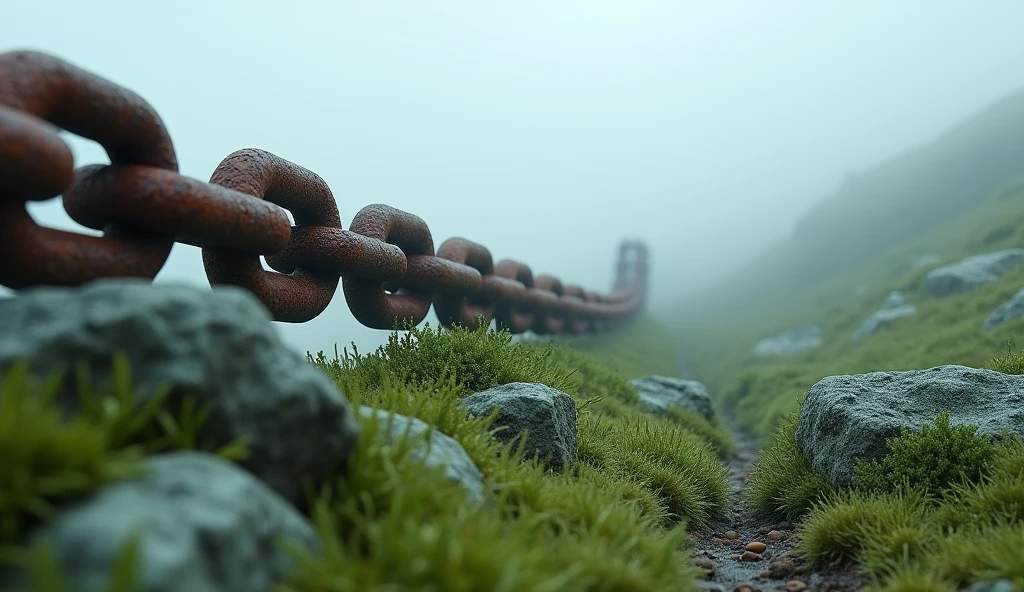 open field of a hillside landscape with a green meadow immersed in mist with a few scattered boulders, a huge rusty chain with lichens growing on it crosses the frame moving from near to far towards the sky and is lost in the mist, it is possible to see some of the links up close