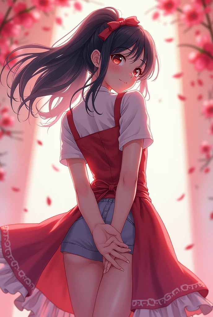 (masterpiece), delicate, extremely detailed, (watercolor), blooming, illustration, (Bottom Up), (1girl:1.4), (solo:1.2), beautiful eyes, (fluffy hair), photography, Studio Quality, Fisheye Lens, (best quality, glowing light, blushed, smile, glistening, shiny skin, ultra detailed) ,(from below, from behind, ass, butt, apron), sexy, (hands behind back), (detailed background, complex background in demon slayer world), ((Nezuko Komado)), black hair, pink eyes, blushed, (perfect face, detailed face, detailed eyes,perfect hands,perfect fingers), cowboy shot, ((8k wallpaper))
