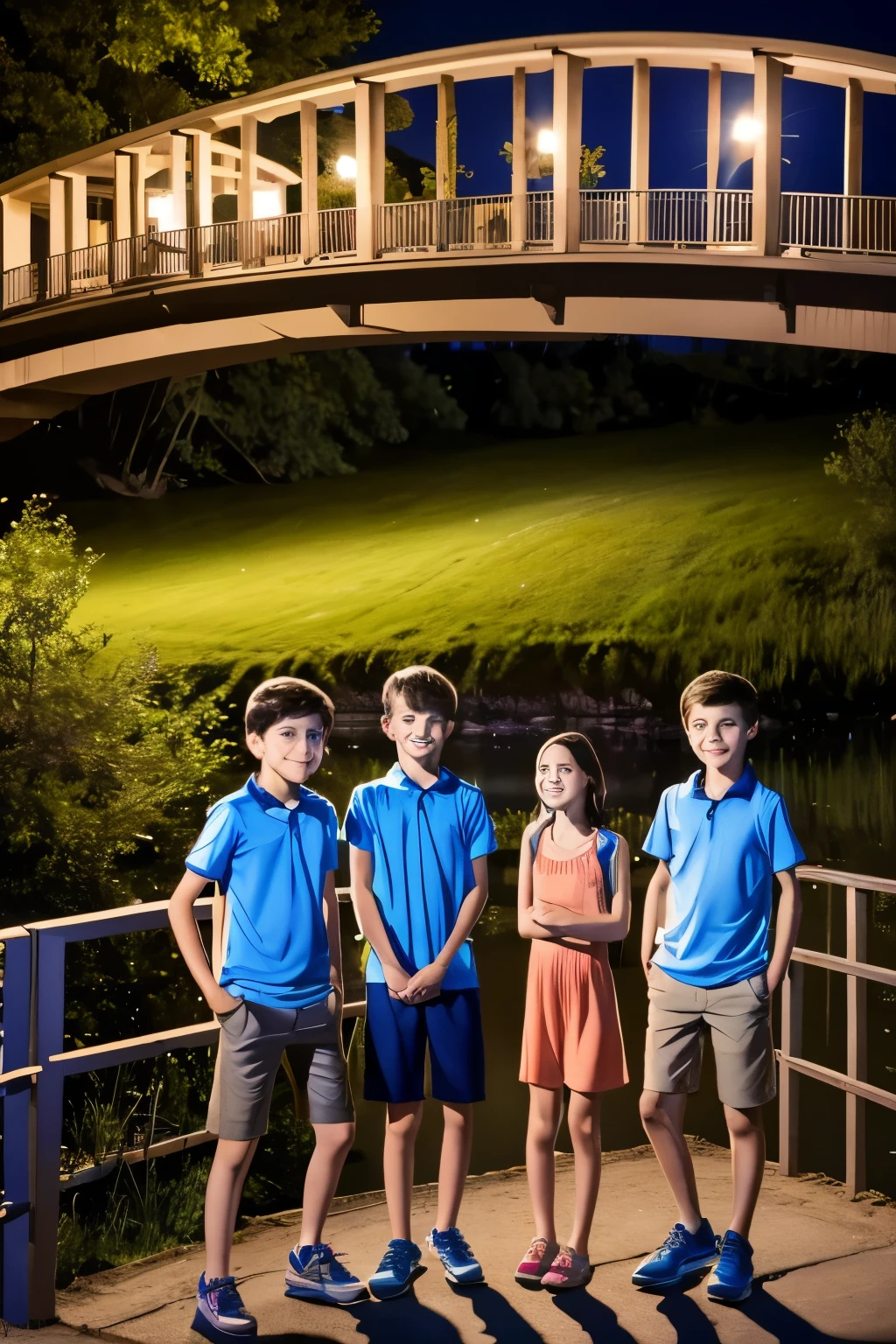 group of boys and girls near a bridge on a summer night,