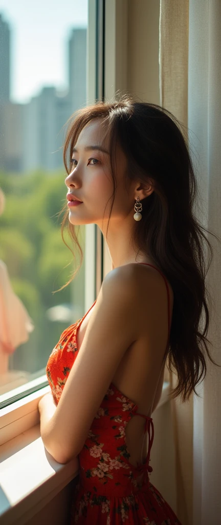 Highest quality、High resolution、Detailed Background、Realistic、Realistic、RAW Photos、Beautiful face in every detail、Highly detailed face、Detailed red eyes、Teenage beauty、Perfect body line、Standing by the window、Cute gestures、Standing by the window女性は外の景色を眺めながらゆったりした時間を過ごしています、On a sunny day, gentle sunlight shines through the window, softly illuminating the woman&#39;s profile.、Outside the window you can see the cityscape and the greenery of the park, allowing you to feel the changing of the seasons.、The woman is spending a relaxing time looking at the scenery outside with a longing expression on her face.、The calm color scheme matches the quiet atmosphere by the window.、Stylish yet relaxed atmosphere、so beautiful