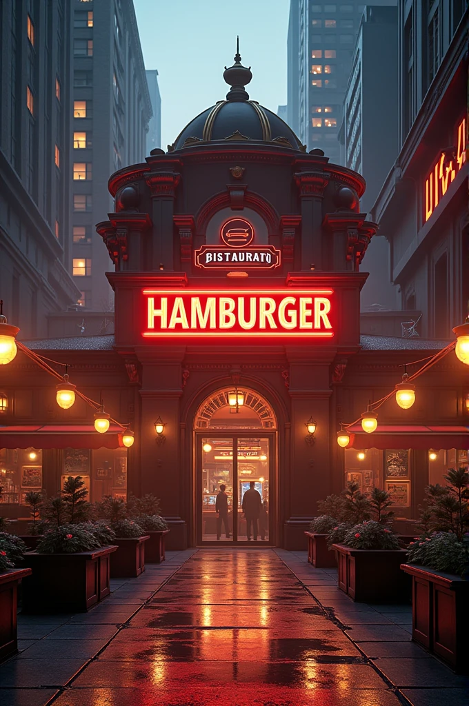 Make an image of an entrance to a hamburger restaurant. Cinematic lighting, Unreal Engine 5, Cinematic, Color Grading, Editorial Photography, Photoshoot, Shot on 70mm lense, Depth of Field, DOF, Tilt Blur, Shutter Speed 1/1000. F/22, White Balance, 32k, Super-Resolution, Megapixel, ProPhoto RGB. VR, tall, epic, artgerm, alex ross, Halfrear Lighting, Backlight, Natural Lighting, Incandescent, Optical, Fiber, Moody, Lighting, Cinematic, Lightning, Studio Lightning, Soft Lightning, Volumetric, Contre-Jour, dark Lighting, Accent Lighting, Global Illumination, Screen Space Global Illumination, Ray Tracing, Global Illumination, Red Rim light, cool color grading 45%. Optics, Scattering, Glowing, Shadows, Rough, Shimmering, Ray Tracing Reflections, Lumen Reflections, Screen Space Reflections, Diffraction Grading, Chromatic, Aberration, GB Displacement, Scan Lines, Ray Traced, Ray Tracing Ambient Occlusion, Anti-Aliasing, FKAA, TXAA, RTX, SSAO, Shaders, OpenGL-Shaders, GLSL-Shaders, Post Processing, Post-Production, Cel Shading, Tone Mapping, CGI VFX, SFX, insanely detailed and intricate, hypermaximalist, elegant, hyper realistic, supee detailed, dynamic pose, centered, photography