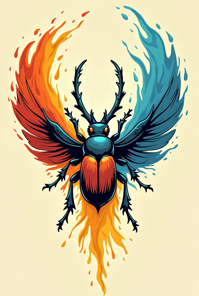 Create an image on a logo based on a kephri beetle projecting with a Japanese cartoon style drawing with auras or ki from its wings pouring paint using the colors fire orange, light blue and lemon yellow outlined by a soft black