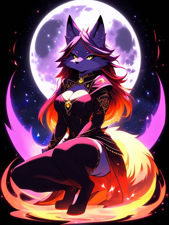 red fox, female, vixen, beautiful, hair, yellow eyes, full body, night, moody, elegant, mysterious, highres, unparalleled masterpiece, perfect artwork, absurdres, rzminjourney, vector-art, masterpiece)(kemono, furry anthro), tattoo on hips, moon, beautiful night sky, stars, black night sky, crouching, wearing a sexy and elegant sorceress outfit, sexy thigh highs, wearing thigh highs, red and black outfit, detached sleeves, loose sleeves, dark outfit, classic witch outfit, foxy witch, casting purple magic, purple flame, kitsune, sexy body, voluptuous, on a tower, stone tower, medieval tower