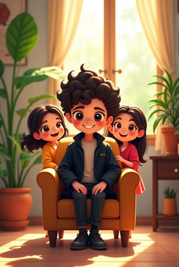 Cartoon smart boy stylish , sitting on the disining chair, wearing black jacket, black pants, curly hair, indoors, soft lighting, plants in background, window with sunlight, cozy room . three  beautiful girls standing behind with smiling face