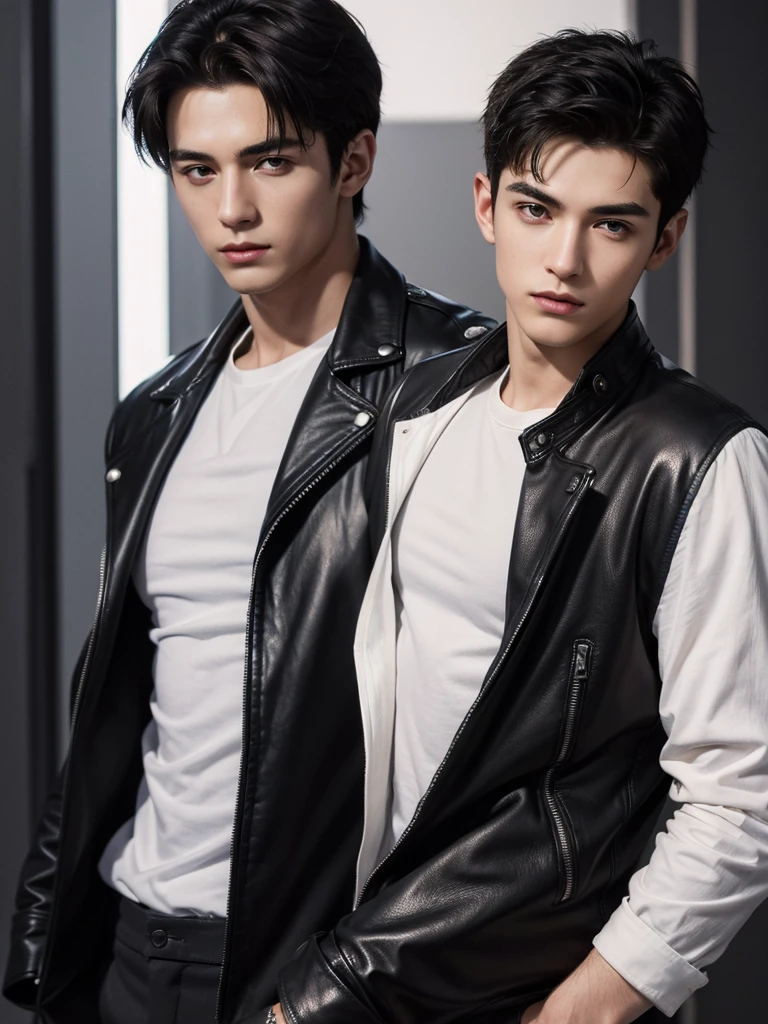 (absurdres, highres, ultra detailed), a handsome young man in his 20s, short hairstyle, detailed face, perfect facial features, smooth pale skin, shiny skin, beautiful, gorgeous, mature, perfect eyes,  gaze, looking at the viewers romantically, leather jacket, 