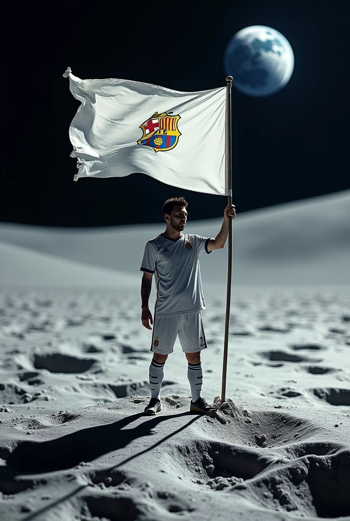 messi on the moon with a white flag