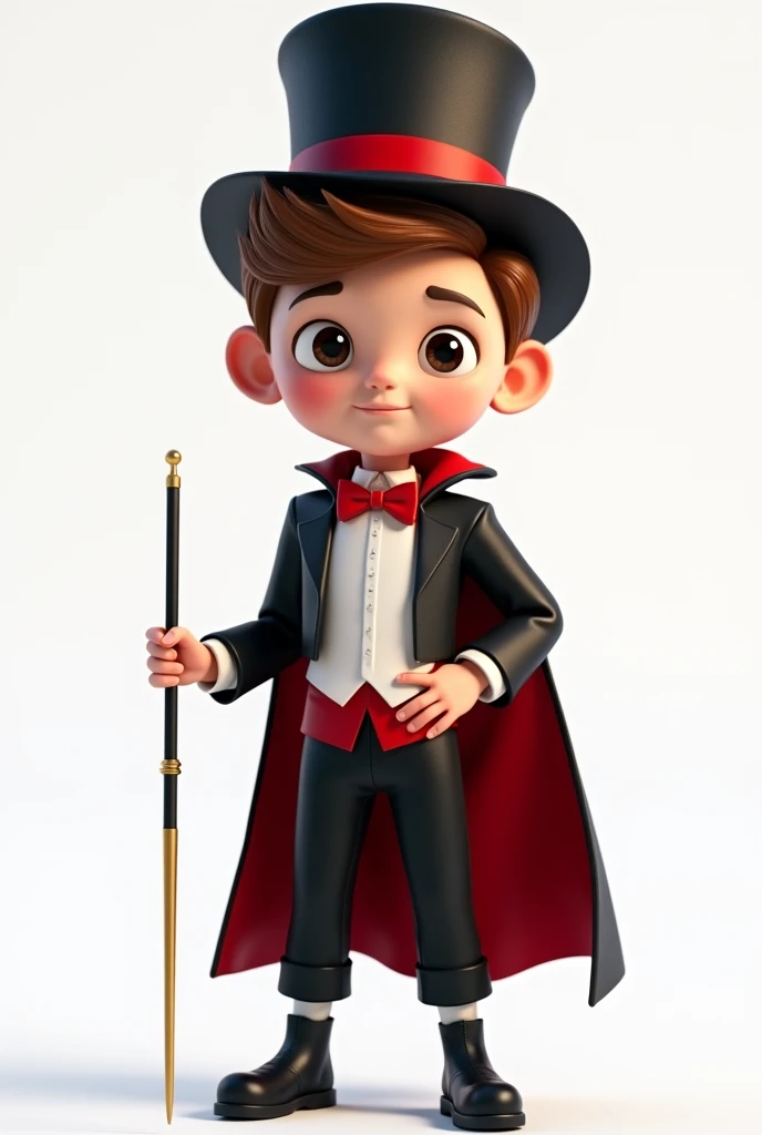 (boy with asymmetrical face, eyes and brown hair), he is dressed as a magician with: black pants, red bow tie, black cape, white shirt with a red band on his stomach, black magician's top hat on his head with a red band (smiling and with a magic wand in hand), developer, facing us, 3d rendering, pixar style, (detailed digital art), stylized 3d rendering, c4d, (full height), high quality, composition, masterpiece, art station, background plain solid white