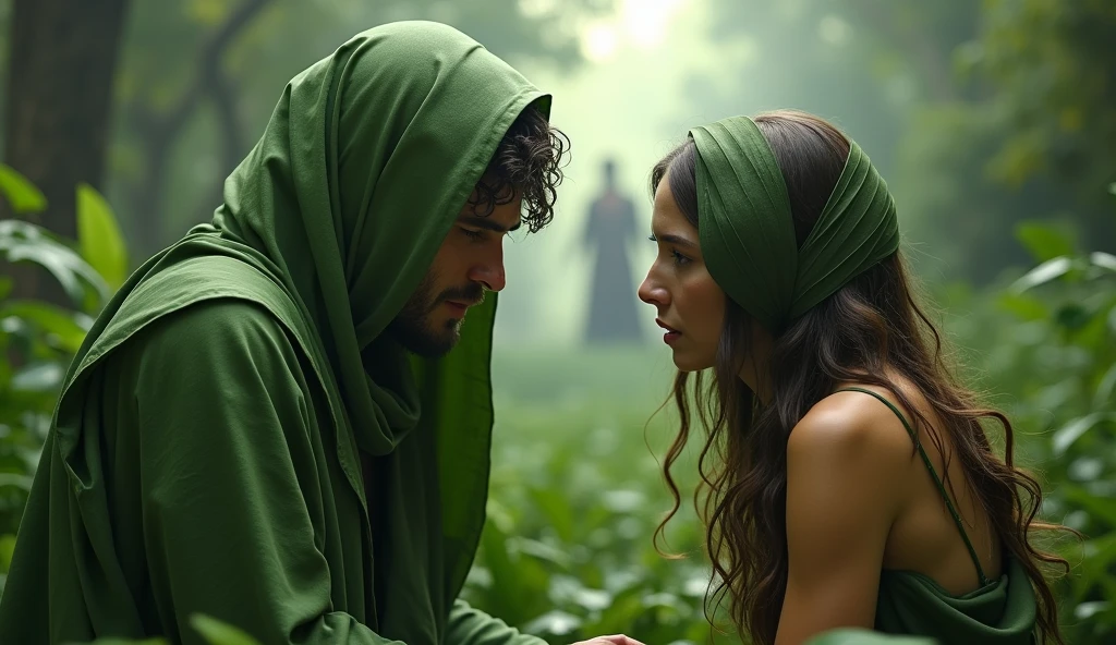 Adam and Eve dressed themselves in leaves after the sin with a look of shame and in the distance in the image appears God man, Widescreen image 16:9, hyper realistic