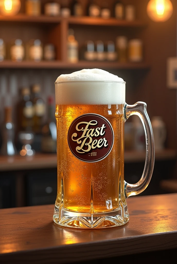 Beer mug with the logo fast beer and in one corner the words Stackelschorff AG with a bar background
