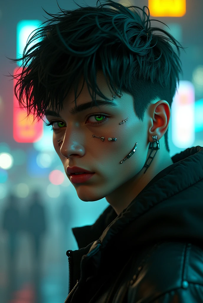 Cyberpunk style male character with green eyes and black hair, 20 year old handsome appearance