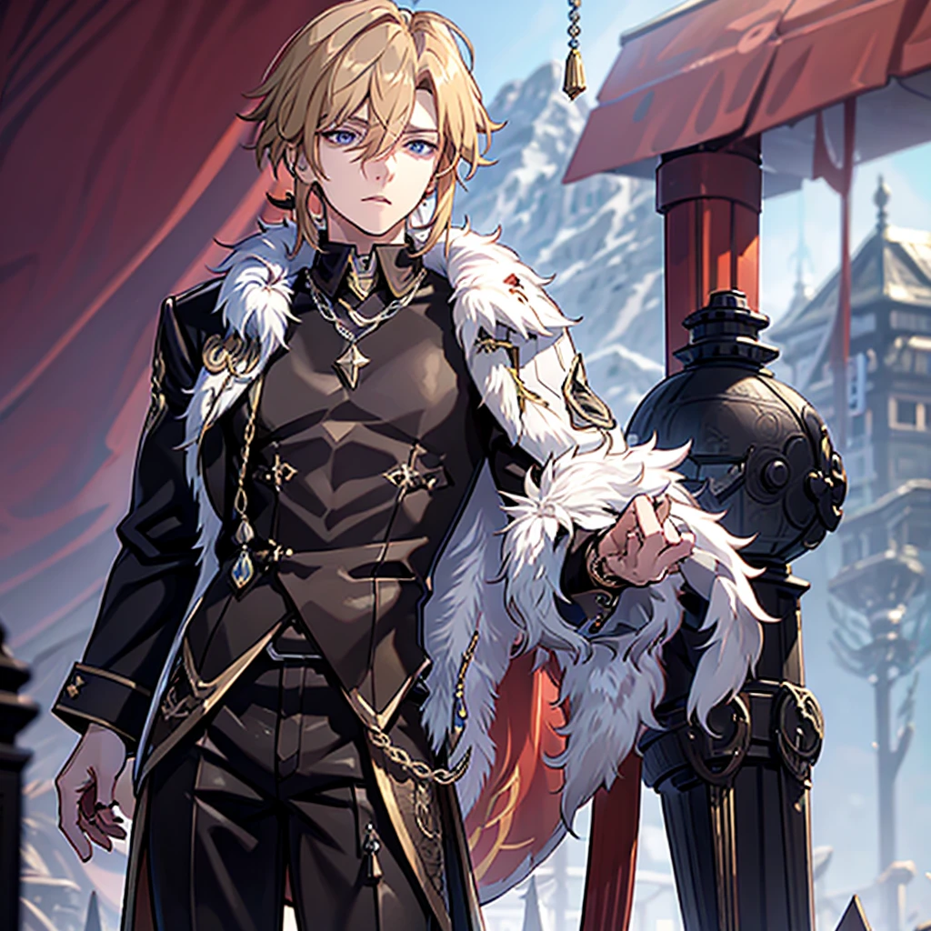 Anime attractive man, 20 year old, blonde hair, very very short ponytail, tall, muscular, solo, one person, dark purple, gold-accented, high-collared dress shirt with a chest window in the shape of a spade and black choker, over it a dark blazer with gold lining and buttons unbuttoned on his chest area, along with a long dark overcoat with a fur trim which has roulette wheel detailing on the back and sleeve cuffs rolled up near to his elbows.