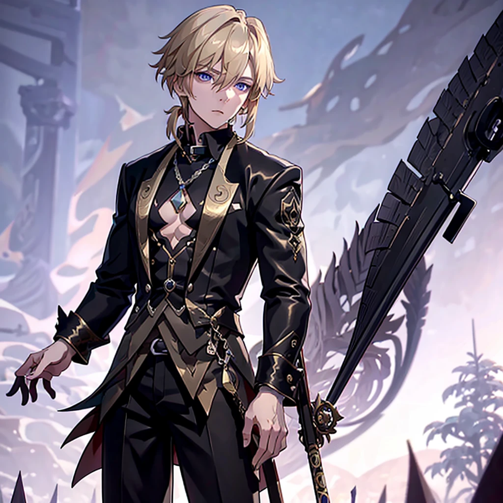 Anime attractive man, 20 year old, blonde hair, very very short ponytail, tall, muscular, solo, one person, dark purple, gold-accented, high-collared dress shirt with a chest window in the shape of a spade and black choker, over it a dark blazer with gold lining and buttons unbuttoned on his chest area, along with a long dark overcoat with a fur trim which has roulette wheel detailing on the back and sleeve cuffs rolled up near to his elbows.