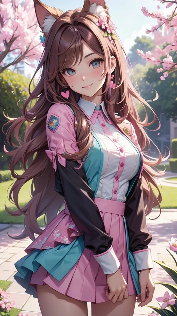 (best quality,4k,8k,highres,masterpiece:1.2),ultra-detailed,(realistic,photorealistic,photo-realistic:1.37),acrylic painting,beautiful Brazilian model in a uniform outfit with downy hair,beautiful Brazilian model with extremely colorful brown hair and detailed facial features,beautiful Brazilian model standing in a beautiful garden sakura flowers, long hair,cat ears, hair bows, uniform pink and teal outfits, smile, happy face, brown pink hair, hearts