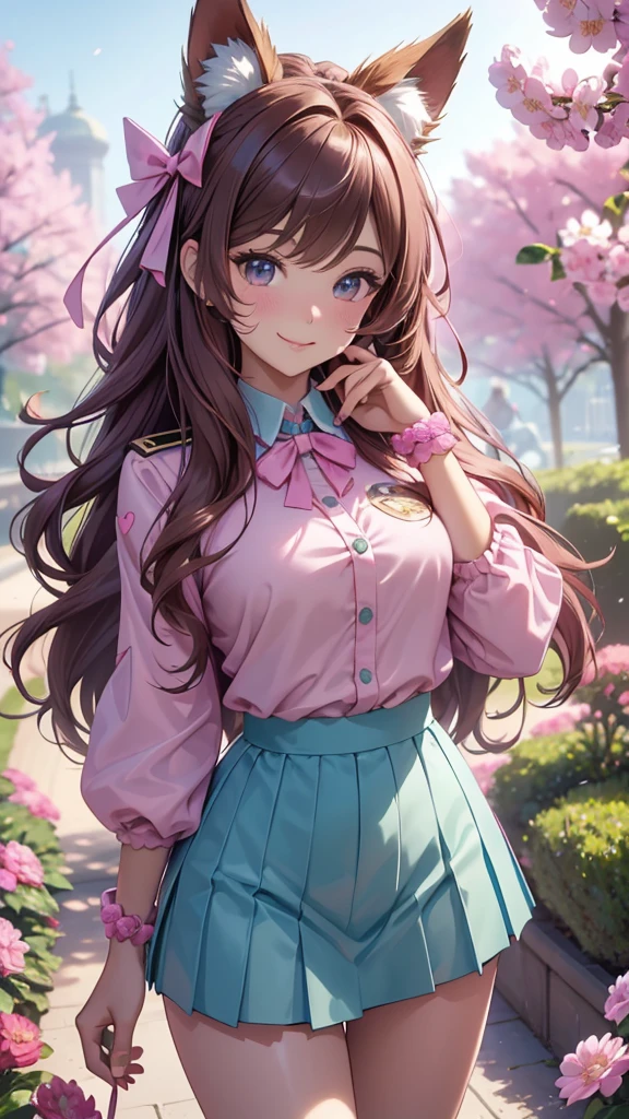 (best quality,4k,8k,highres,masterpiece:1.2),ultra-detailed,(realistic,photorealistic,photo-realistic:1.37),acrylic painting,beautiful Brazilian model in a uniform outfit with downy hair,beautiful Brazilian model with extremely colorful brown hair and detailed facial features,beautiful Brazilian model standing in a beautiful garden sakura flowers, long hair,cat ears, hair bows, uniform pink and teal outfits, smile, happy face, brown pink hair, hearts