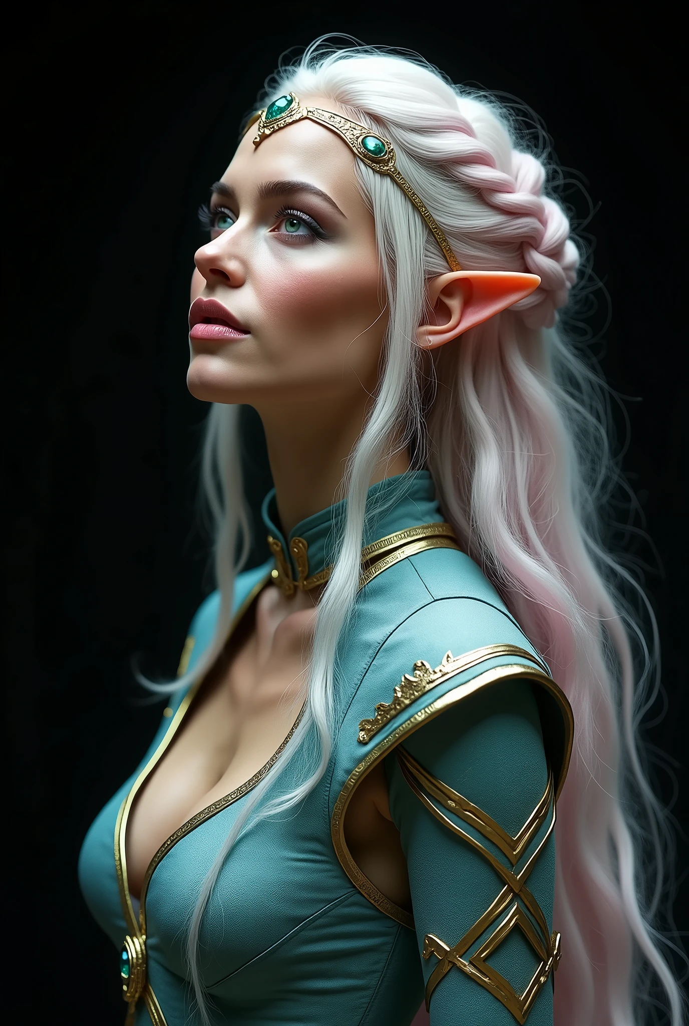 GISELE BUNDCHEN AS A GORGEOUS ELVE WARRIOR , WARRIOR WOMAN, BUST IMAGE STYLE, STUDIO IMAGE STYLE, BLACK INFINITE BACKGROUND, DIFFUSED LIGHTS ON FACE, BACK LIGHTS ON HAIR, LUMINOUS PINK BLUE HAIR, CLOSE FACE SHOT, HUGE LONG HAIR, HUGE STRAIGHT LONG HAIR, BRAID HAIR STYLE, PLATINUM EYEBROWS, LIGHTNING GREEN EYES, VERY PALE SKIN, LUMINOUS SKIN, FEMALE FAIRY, TOLKIEN MITHOLOGY, EXPOSED LONG TIP EARS, HIGH CHEEKBONES, ROSY CHEEKS, GORGEOUS LIPS, SOFT LIPSTICK, GORGEOUS CURVY BODY, SOFT MUSCLES, VOLUMOUS BREASTS, BLUE GREEN ARMOUR, FULL BODY ARMOUR, FLAT BOOTS, NECK CLEAVAGE, LONG BRACELETS, GOLD DETAILS, GOLDEN HEADBAND , ENIGMATIC FACE EXPRESSION, FRONT FACE VIEW, EYES LOOKING UP, TOLKIEN MITHOLOGY, HIGH QUALITY IMAGE, MASTERPIECE, 8K