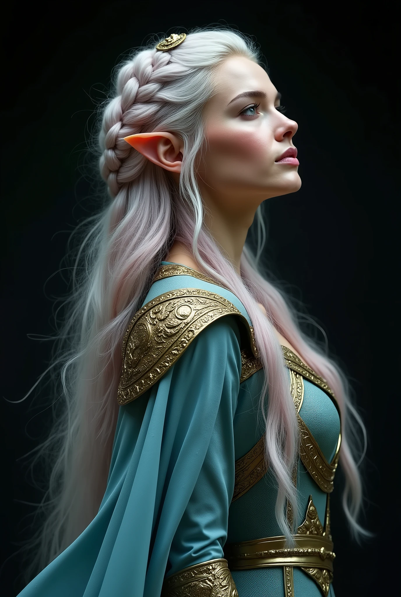 GISELE BUNDCHEN AS A GORGEOUS ELVE WARRIOR , WARRIOR WOMAN, BUST IMAGE STYLE, STUDIO IMAGE STYLE, BLACK INFINITE BACKGROUND, DIFFUSED LIGHTS ON FACE, BACK LIGHTS ON HAIR, LUMINOUS PINK BLUE HAIR, CLOSE FACE SHOT, HUGE LONG HAIR, HUGE STRAIGHT LONG HAIR, BRAID HAIR STYLE, PLATINUM EYEBROWS, LIGHTNING GREEN EYES, VERY PALE SKIN, LUMINOUS SKIN, FEMALE FAIRY, TOLKIEN MITHOLOGY, EXPOSED LONG TIP EARS, HIGH CHEEKBONES, ROSY CHEEKS, GORGEOUS LIPS, SOFT LIPSTICK, GORGEOUS CURVY BODY, SOFT MUSCLES, VOLUMOUS BREASTS, BLUE GREEN ARMOUR, FULL BODY ARMOUS, FLAT BOOTS, NECK CLEAVAGE, LONG BRACELETS, GOLD DETAILS, GOLDEN HEADBAND , ENIGMATIC FACE EXPRESSION, SIDE FACE VIEW, EYES LOOKING UP, TOLKIEN MITHOLOGY, HIGH QUALITY IMAGE, MASTERPIECE, 8K