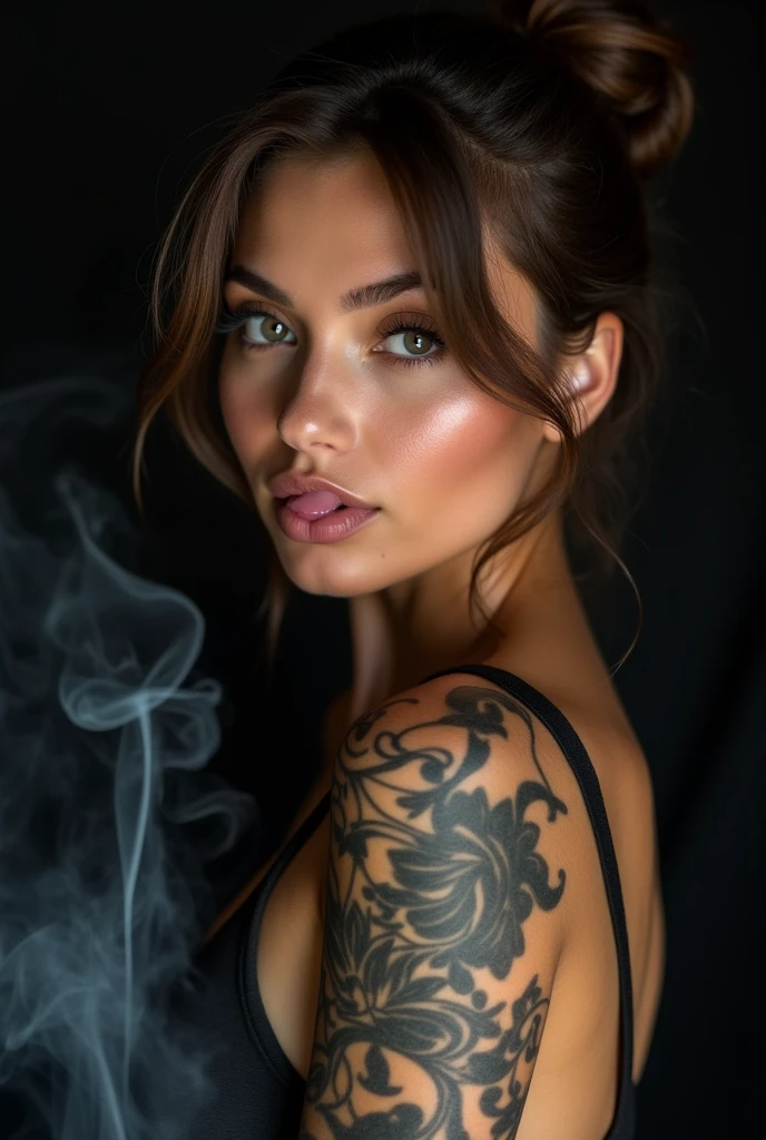 Super cute close up of a tanned European woman, loving and lascivious face, brown hair bun, Forehead, make up, grey eyes, superlative body proportion, covered in tattoos, unclothed, She looked flirtatiously at the camera and bit her lips., Black empty background and smoke, artistic photography, Hyper realistic