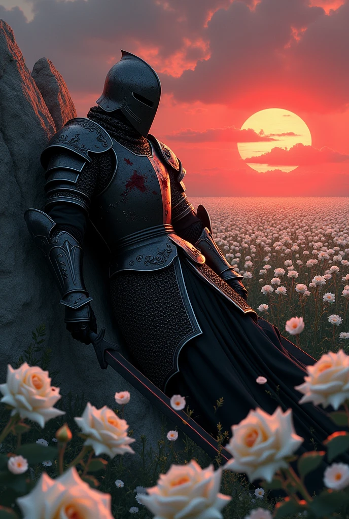 Imagine a knight in black armor, decorated with intricate white details that glow softly in the evening light. The armor, although imposing, It is broken and stained with blood. Several arrows are embedded in his chest and abdomen., with dark blood flowing through the cracks in the armor.
The knight is leaning against a large, rough rock, His strength fading as his life slowly slips away. Around it, a vast field of white roses, Its soft petals contrast with the hardness of the armor and the brutality of the scene.. The knight holds his sword firmly, which is partially nailed into the ground next to it. his eyes, although weak, are fixed on the horizon, where a red sunset floods the sky with fiery hues, symbolizing the end of his battle and his life.
The clouds in the sky seem to reflect the knight's inner storm., and the wind blows gently, moving the rose petals around her. The scene is a portrait of sacrifice, courage, and the melancholy of the inevitable end.