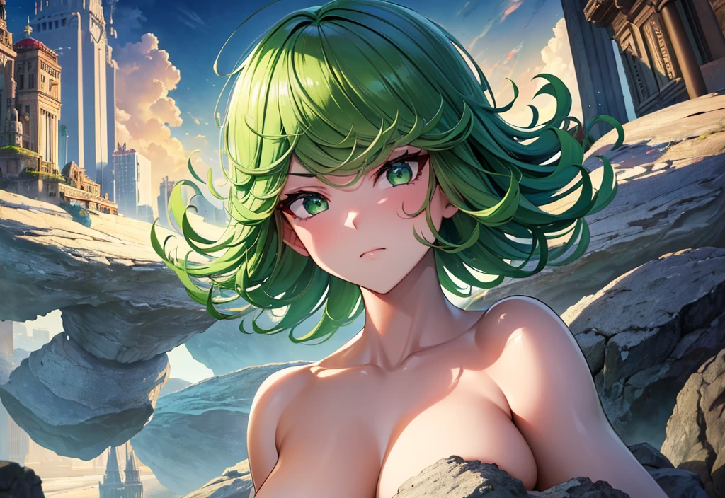 (high res, 8K, masterpiece, looking at viewer, best quality, very aesthetic, ultra detailed, ultra background, ultra Eyes) intricate details, 1girl, Tatsumaki, green short hair, green eyes, Angry Face, Floating in the air, stone rocks float, Background City Destroyed Cinematic Angle