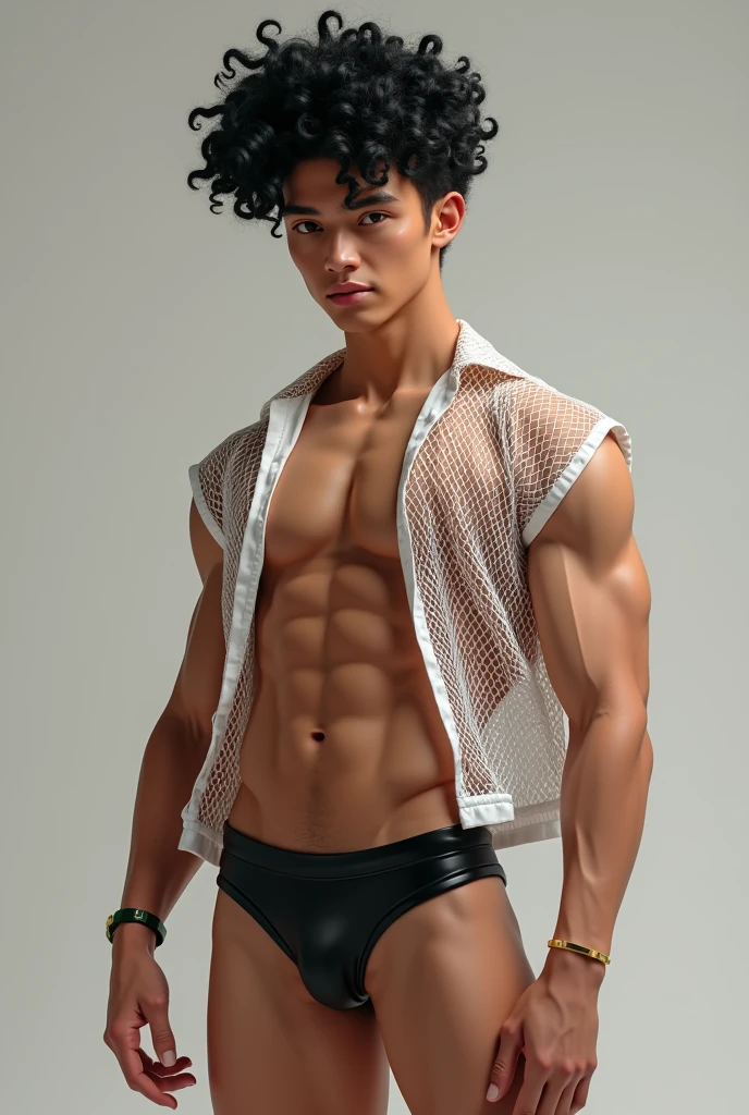 boy 18, tight black spiral perm, muscular, abs, soft oily skin, black jockstrap, white fishnet shirt, green shoes, hard erect bulge