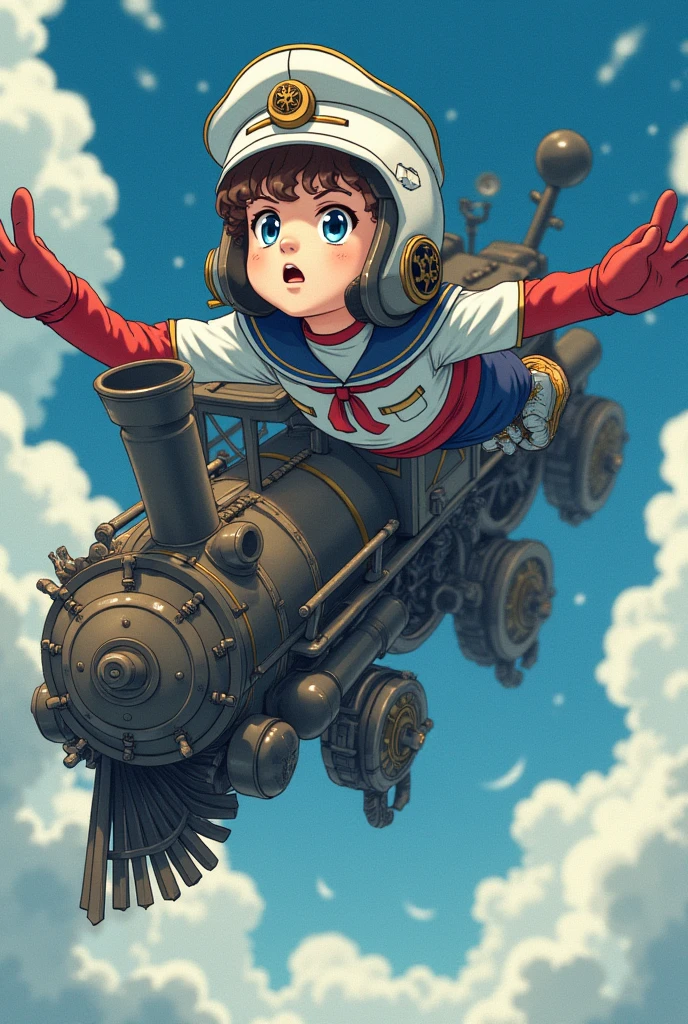 Japanese anime manga poster style mysterious young boy dressed in a Mr. Loyal costume with a face completely hidden by a white helmet and an admiral's cap as a hat where we can see his blue eyes his hair in the shape of large brown curls, the boy flying next to a monster made of train pieces