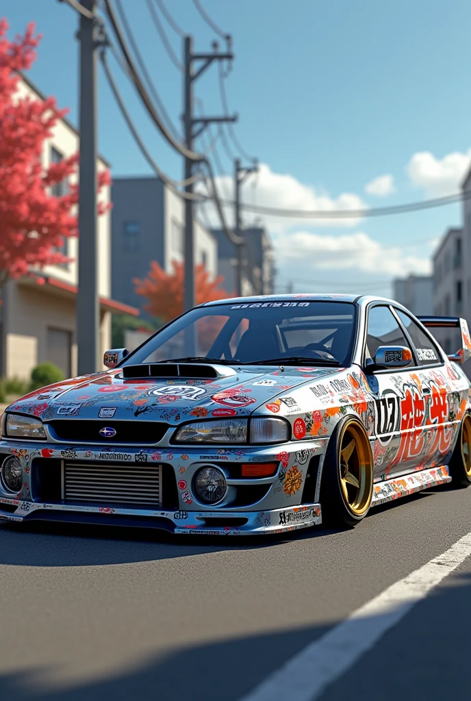 (photorealism:1.2), Subaru, impreza gc8, 1999, facelift, monsungrau, itasha, anime, sideview