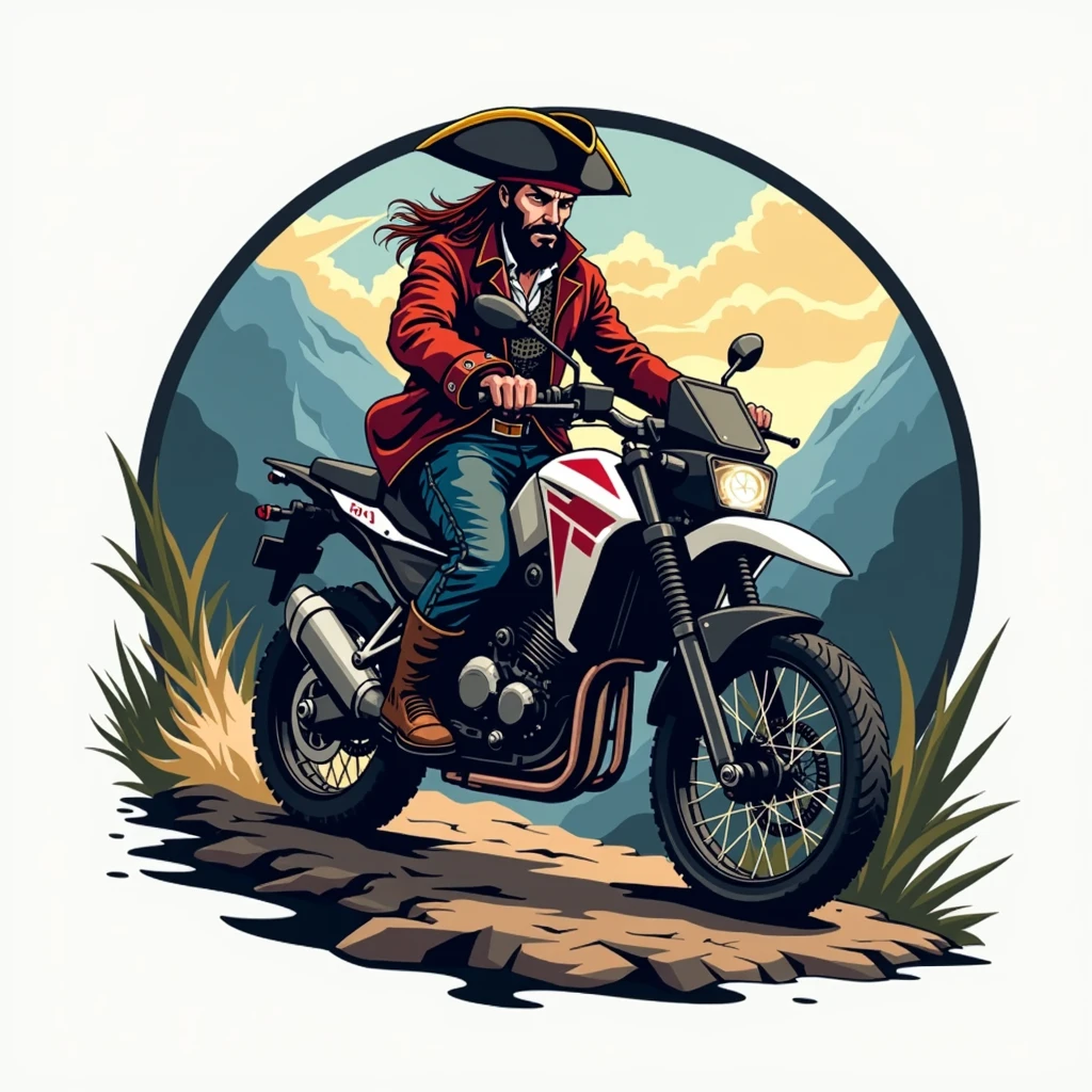 arafed man riding a motorcycle on a rocky road, in digital illustration style, motorcyclist, cartoon style illustration, picture of a male motorcyclist, riding steampunk motorcycle, detailed 2d illustration, Vector art style, highly detailed vector art, motorcycle concept art, 2d illustration, 2d illustration, riding, riding a motorcycle, motormotorcyclist, retro illustration, ((Logo vector con borde blanco)), ((Honda NC750X 2016 model year)) , ((trail bike with panniers)), ((pirate riding a motorcycle)), (((crear un Logo vectorizado con borde blanco de un pirata manejando una honda TRAIL))), fondo montañas a close up of a person riding a dirt bike on a mountain, adventurous, Logotipo deportivo, Estilo de Logotipo vectorizado, Logo vector art, adventure, Diseño de concepto de Logotipo, travel and adventure, riding, new adventure, Diseño de Logo, by Daniel Schultz, trail of light, arte del Logotipo, simple and clean illustration, Extreme sports, Logo, Logo