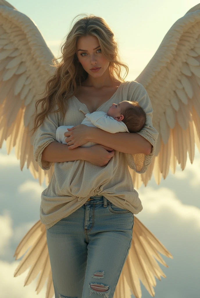 Very beautiful woman with captivating beauty, with two beautiful eagle wings. She is wearing jeans.She flies. She is holding a baby in her arms. She looks at the baby smiling.